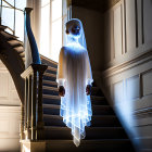 Ethereal glowing figure on grand staircase in dramatic sunlight
