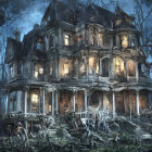 Gothic haunted house in eerie moonlit forest