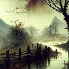 Foggy river scene with rain, silhouetted trees, wooden fence, and distant houses