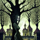 Spooky artwork: Woman merging with tree near haunted mansion