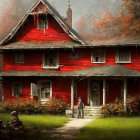 Abandoned red house with boarded windows in overgrown surroundings