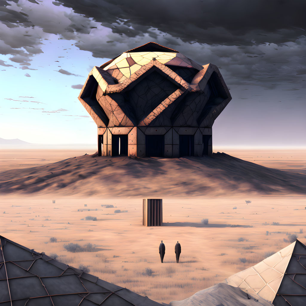 Futuristic dome-like building in desert landscape with figures and scattered structures