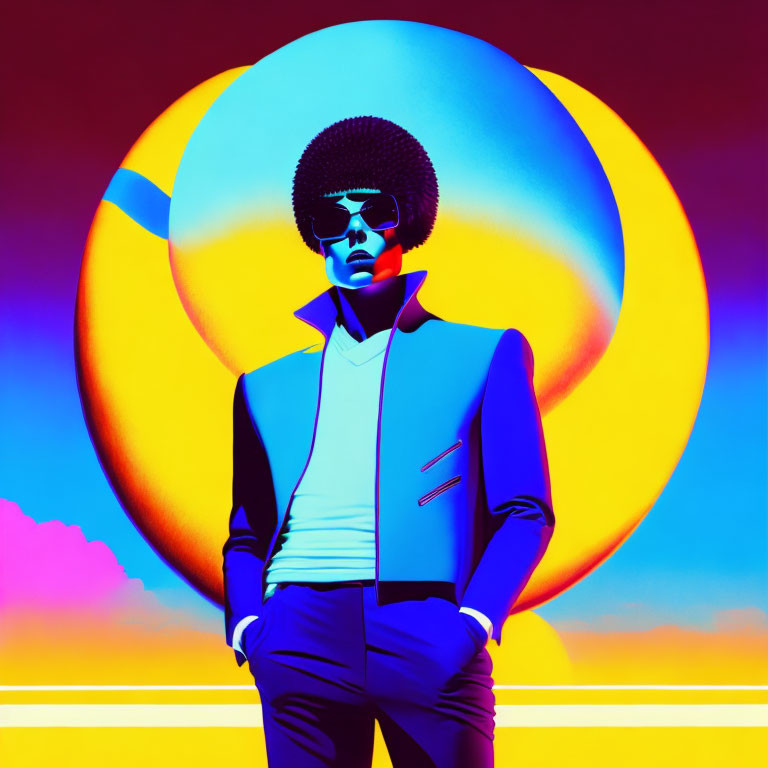 Stylized portrait of person with afro on vibrant retro-futuristic background