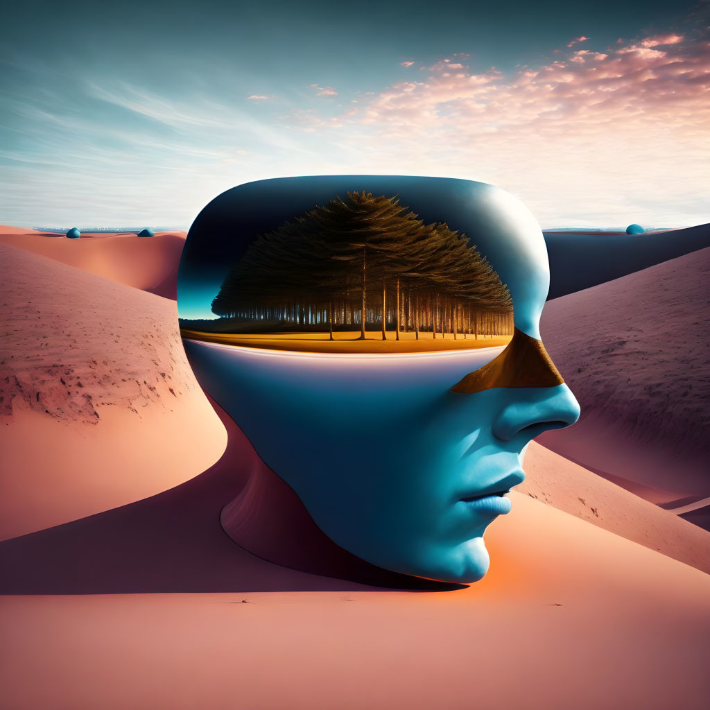 Surreal head-shaped structure with forest in desert twilight