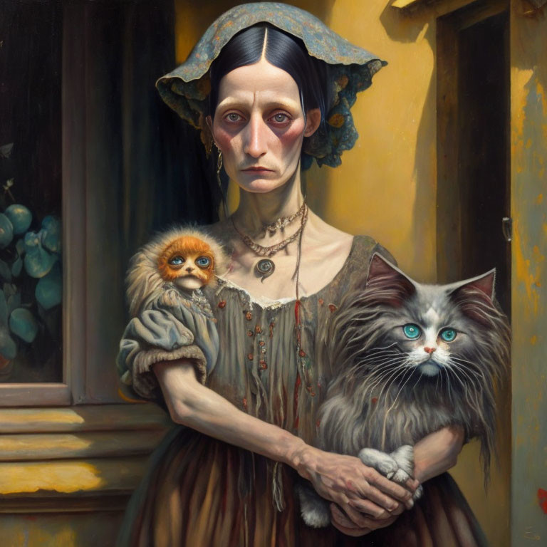 Historical woman with cat and creature by yellow wall window