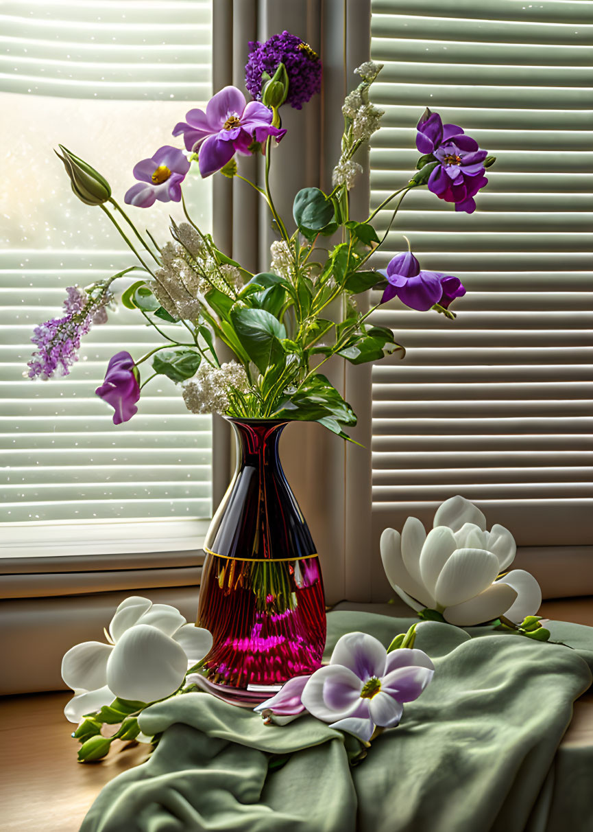 Purple Flowers and Greenery in Pink Vase by Window with Striped Shadows