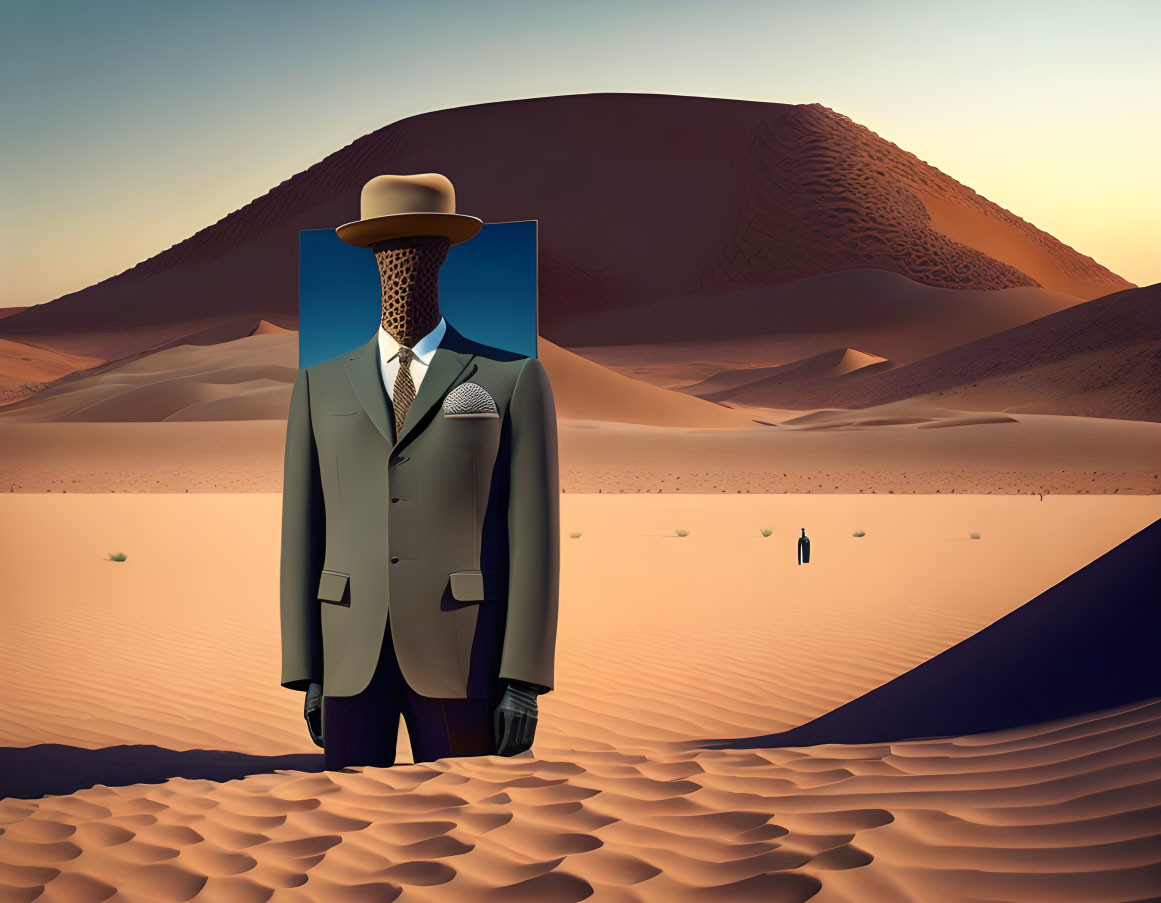 Surreal desert landscape with faceless man in suit