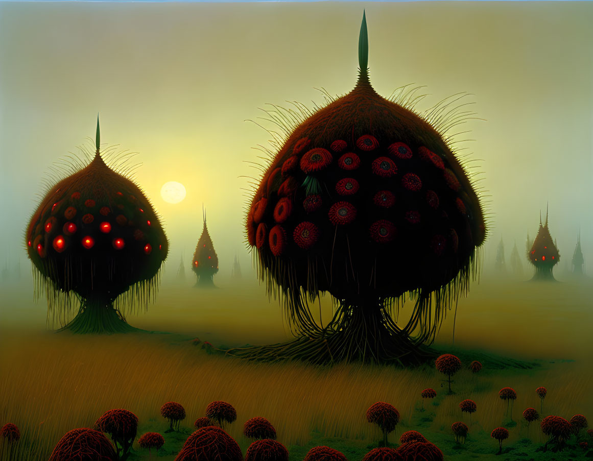 Fantasy landscape with dome-shaped tree structures and red eye patterns in misty sunset scene