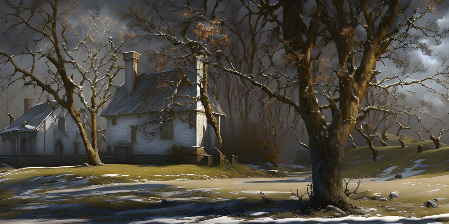 Tranquil winter landscape with cozy house and bare trees