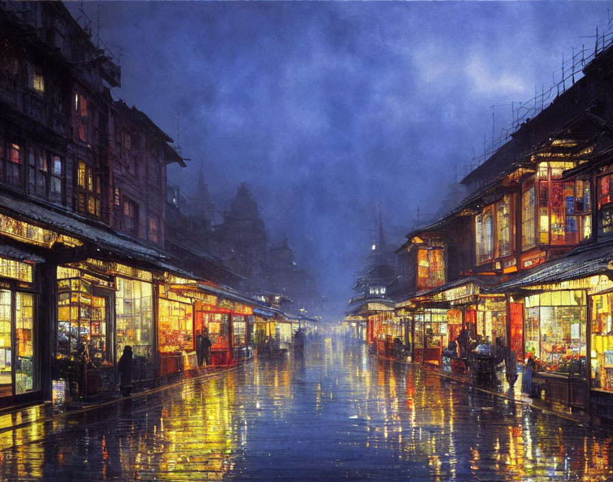 Rainy illuminated street in old town with traditional buildings on wet cobblestones under dusky sky