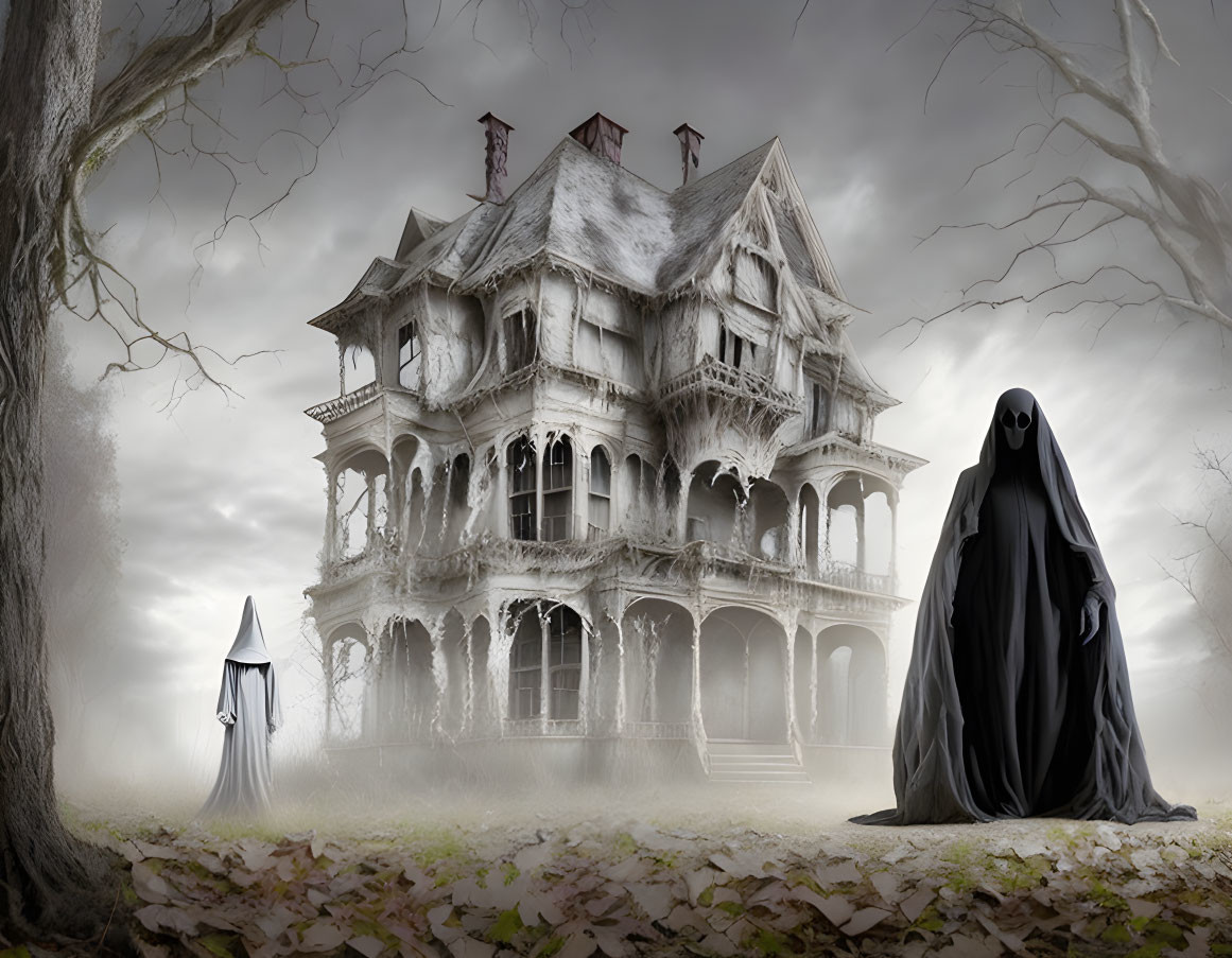 Eerie Victorian mansion with ghostly figures in foggy setting