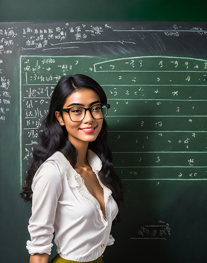 Smiling woman with glasses at blackboard with math equations