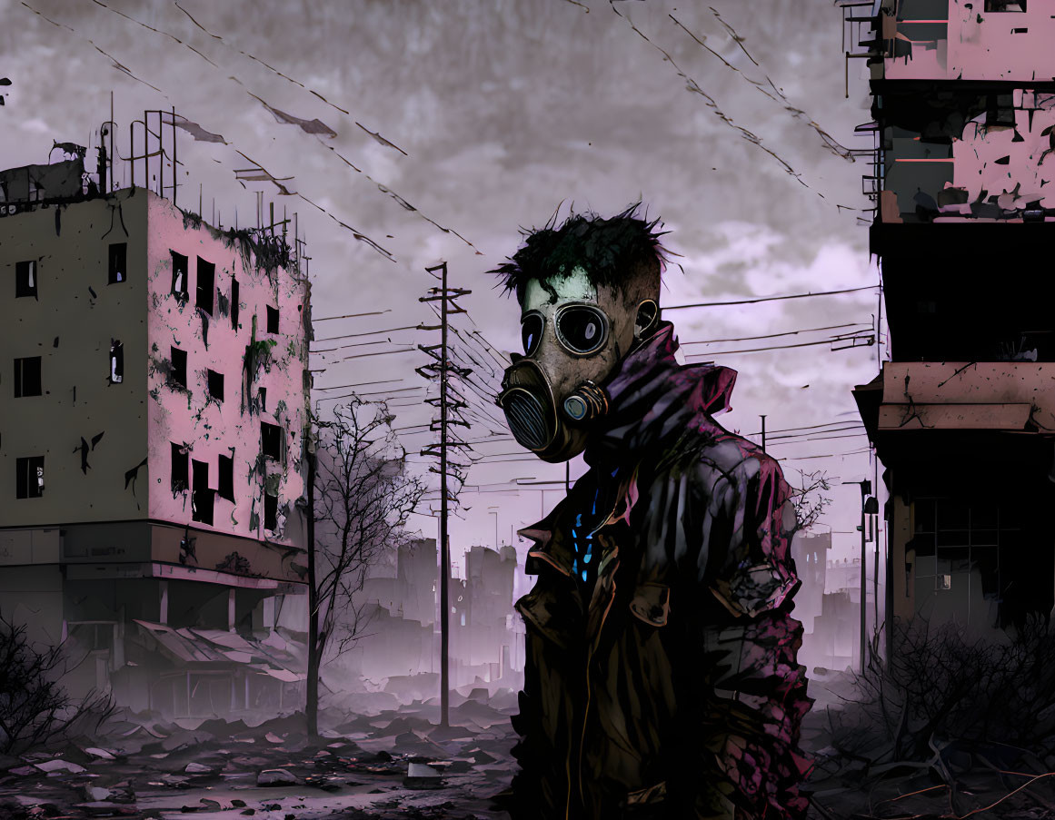 Post-apocalyptic cityscape with person in gas mask