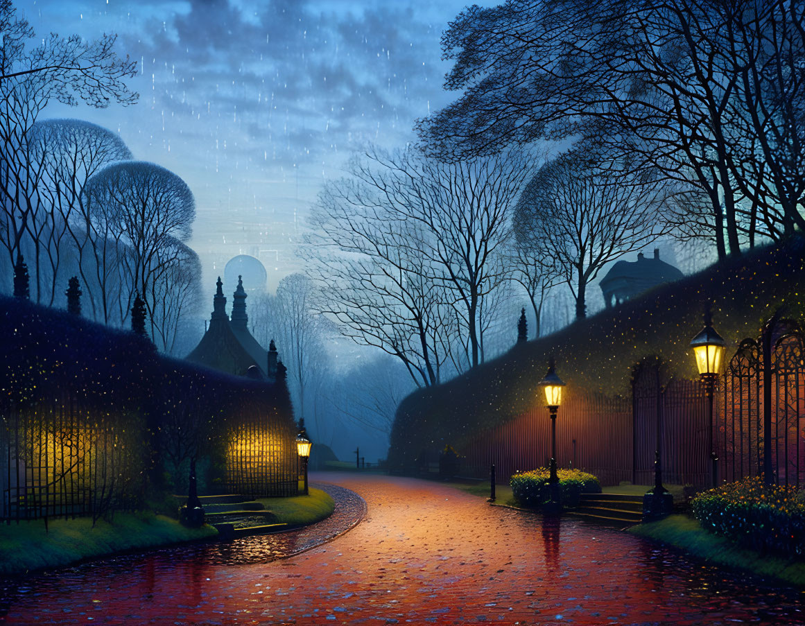 Nighttime Rain Scene: Cobblestone Path, Lamplight, Trees, Distant Domes