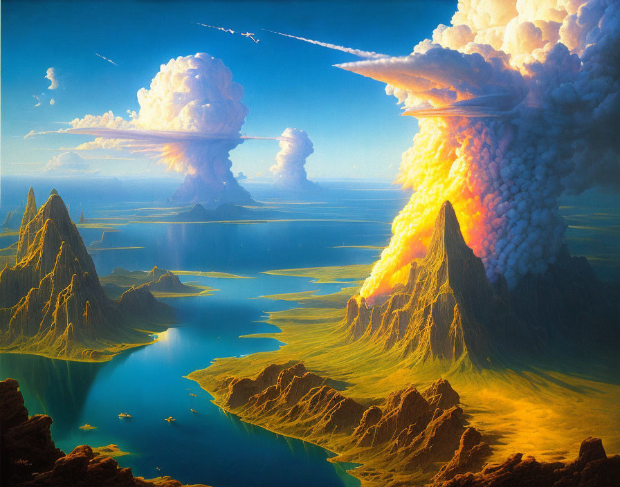 Dramatic landscape with erupting volcanoes, smoke plumes, serene lake, mountain peaks,