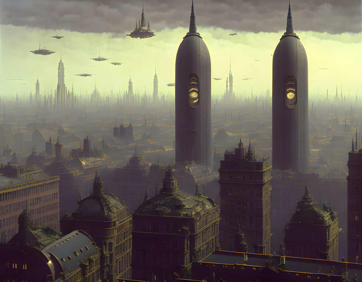 Dystopian cityscape with bullet-shaped buildings and flying crafts