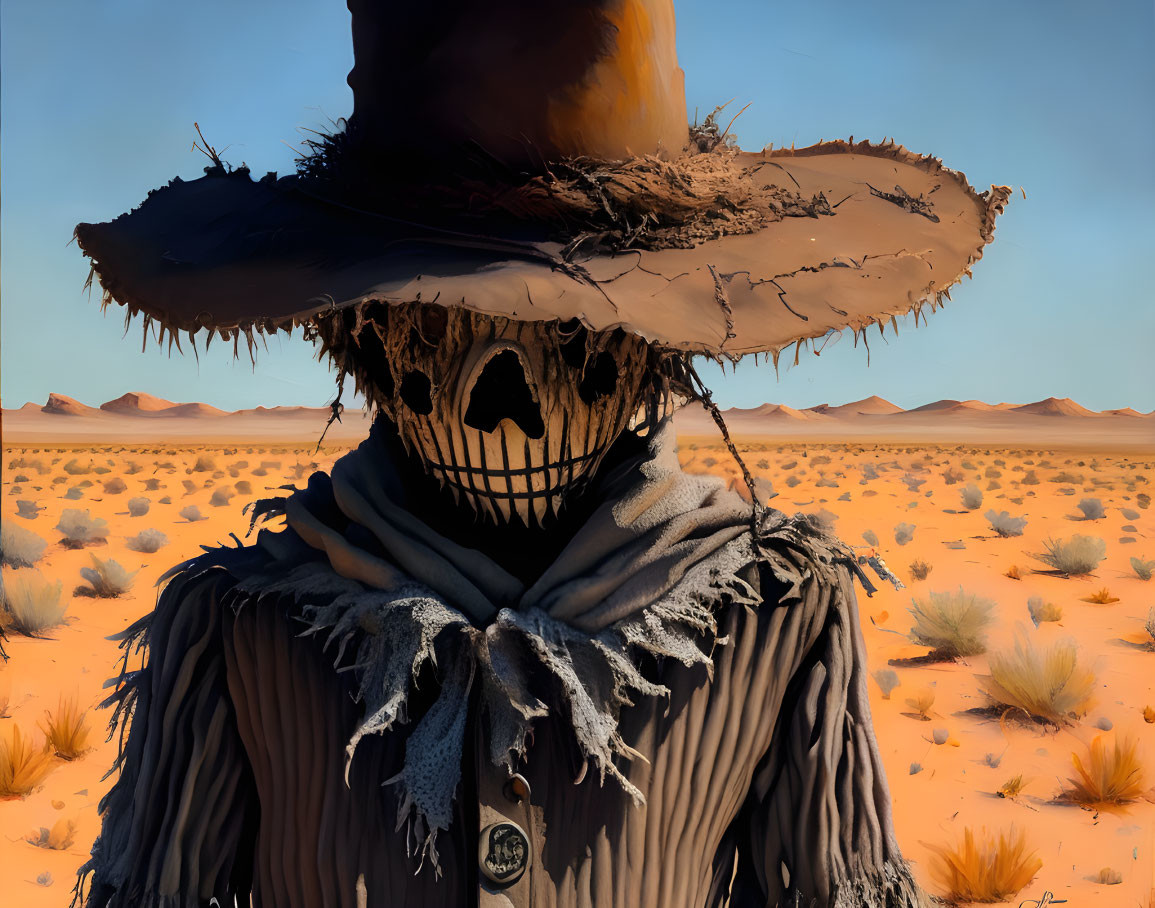 Spooky scarecrow in desert with tattered hat and cloak