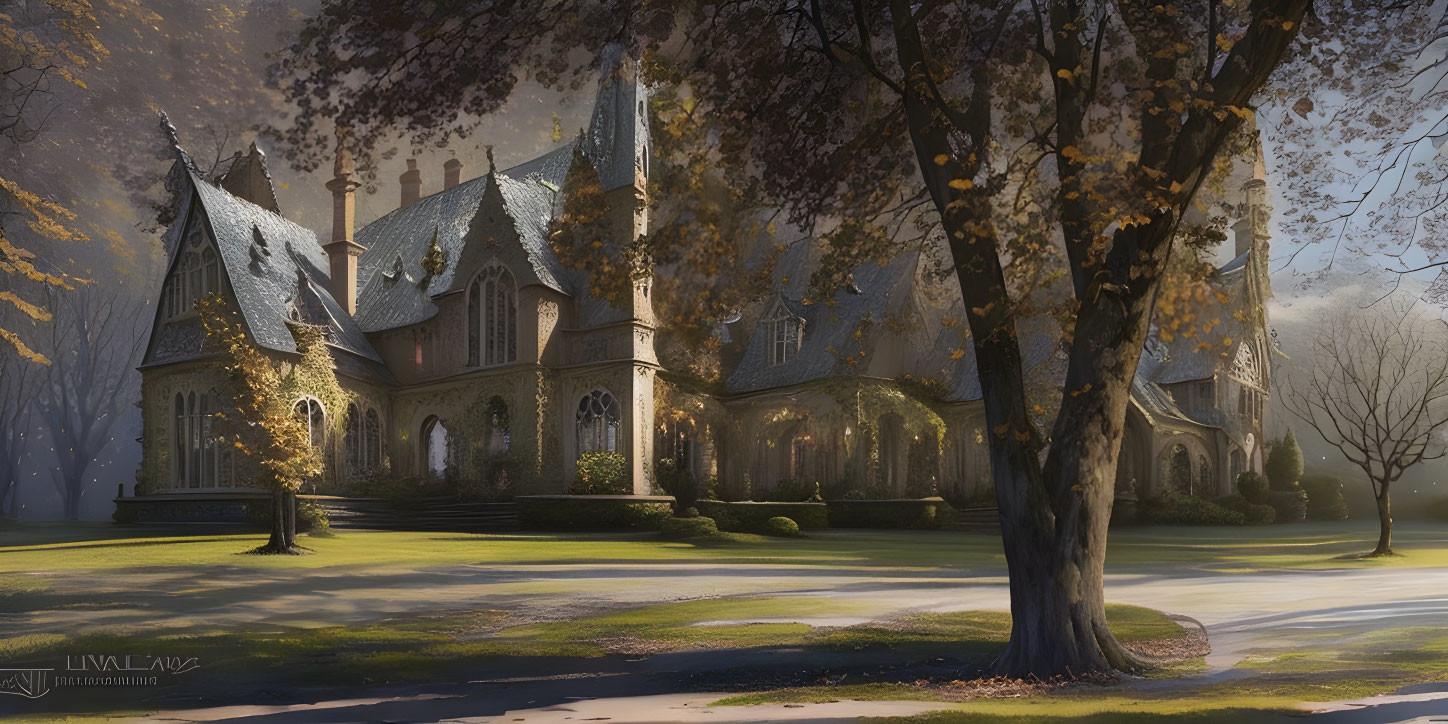 Gothic-style mansion in autumn landscape with sunlight