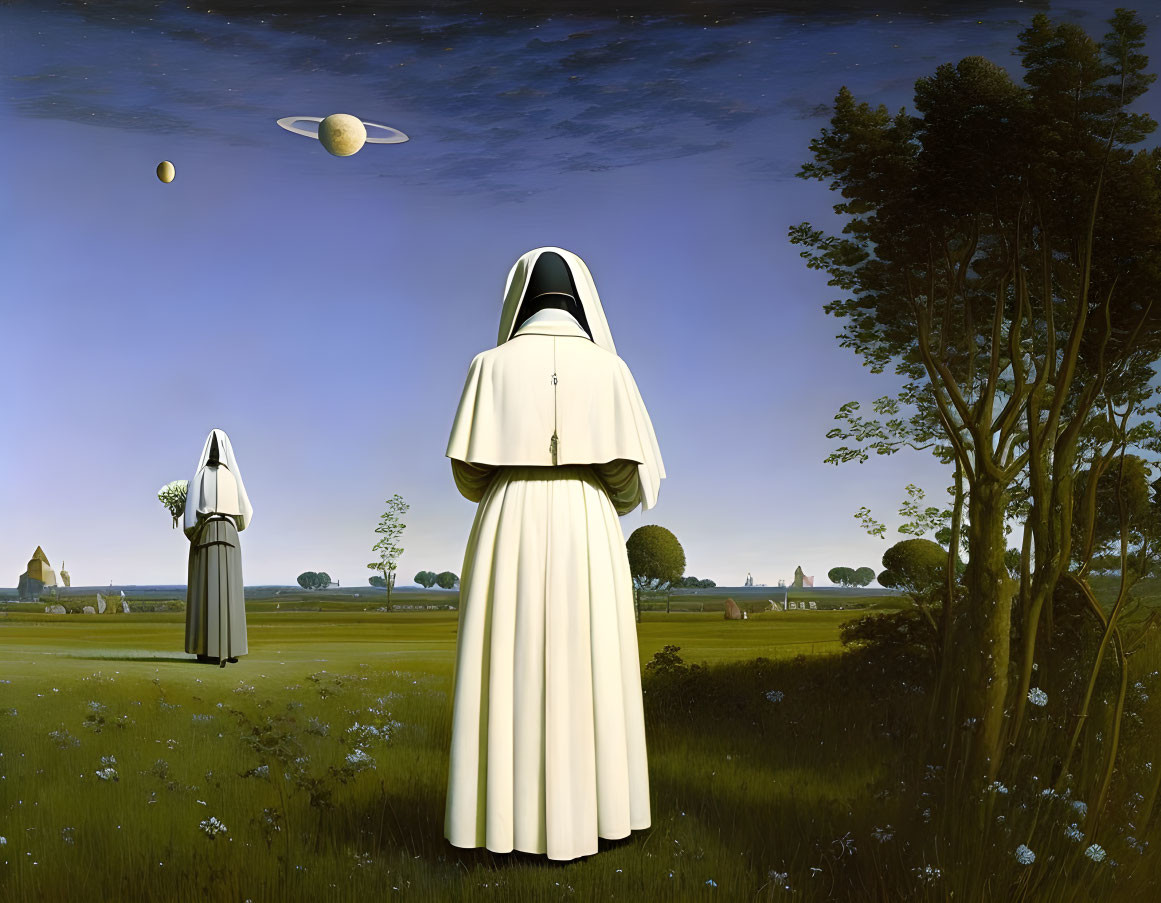 Surreal landscape with nuns, oversized dandelions, and multiple moons