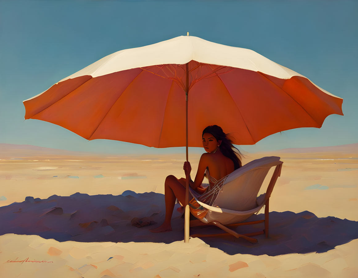 Woman reclining under red umbrella in desert landscape