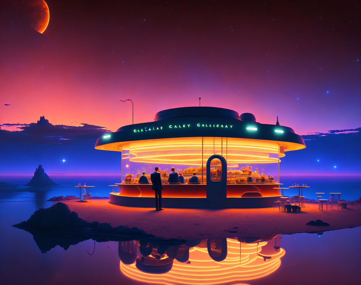 Futuristic neon-lit diner with patrons under twilight sky