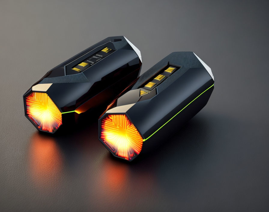 Futuristic jet engine models with glowing orange exhaust on dark surface