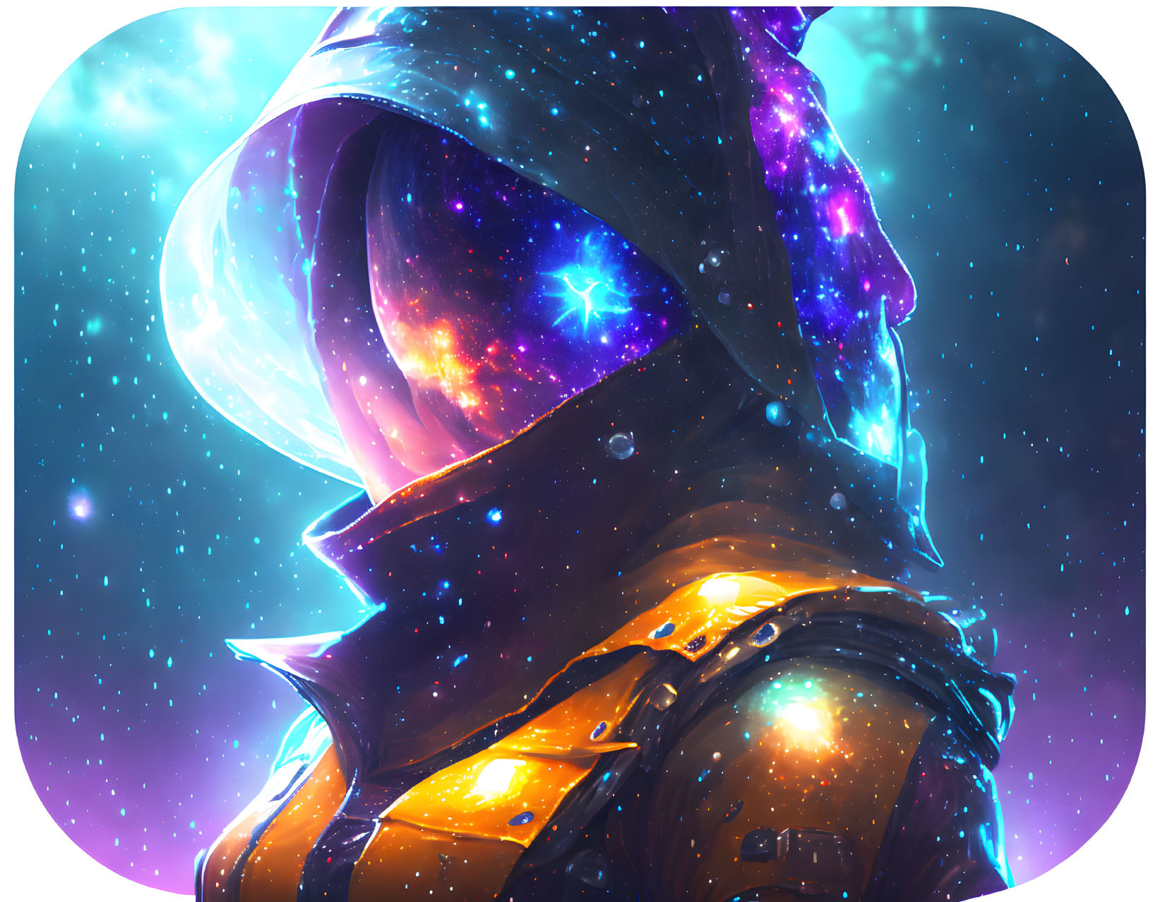 Astronaut with Reflective Visor in Vibrant Cosmic Galaxy