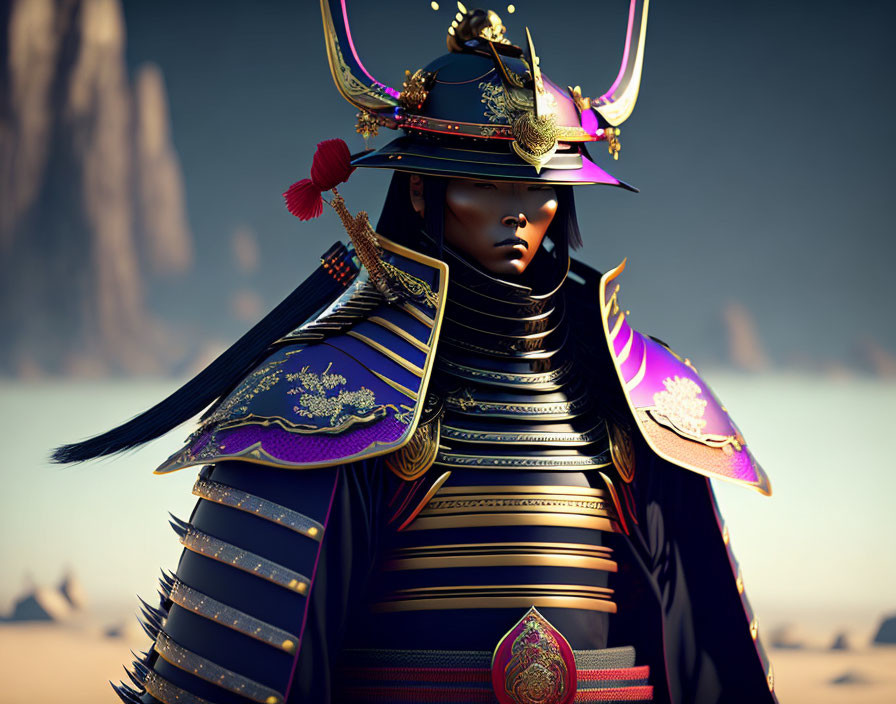 Digital artwork: Person in Japanese samurai armor with gold designs in desert