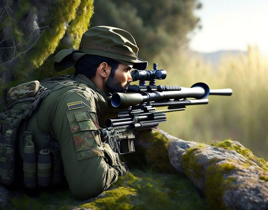 Camouflaged soldier aiming sniper rifle in grassy terrain