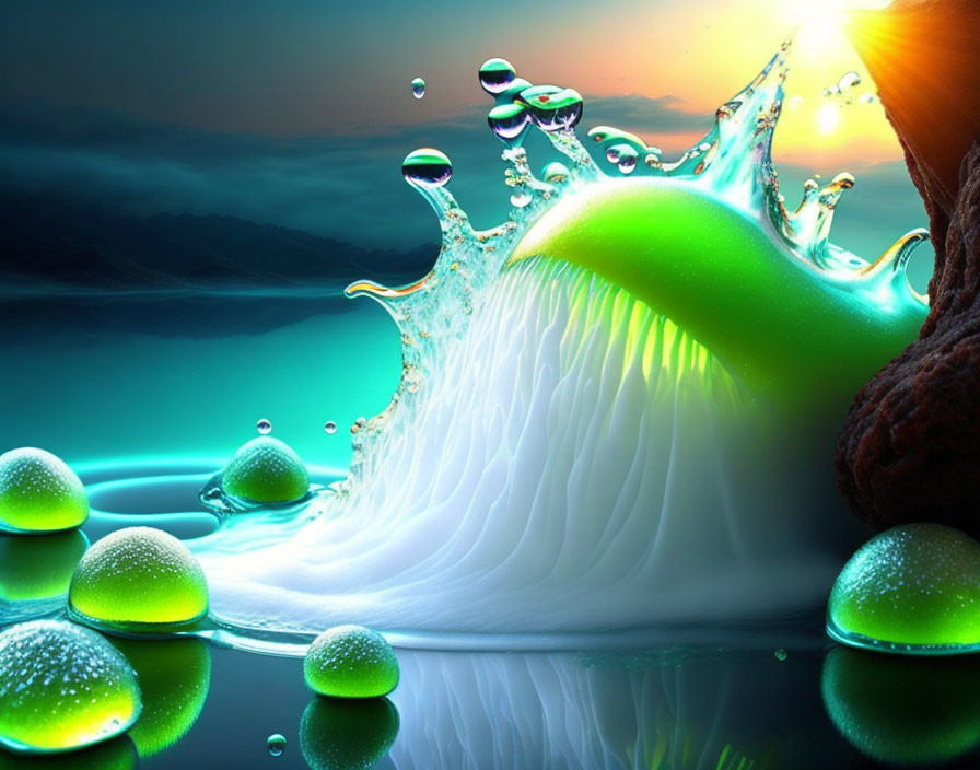 Fluorescent Green Splash in Turquoise Water with Dark Landscape