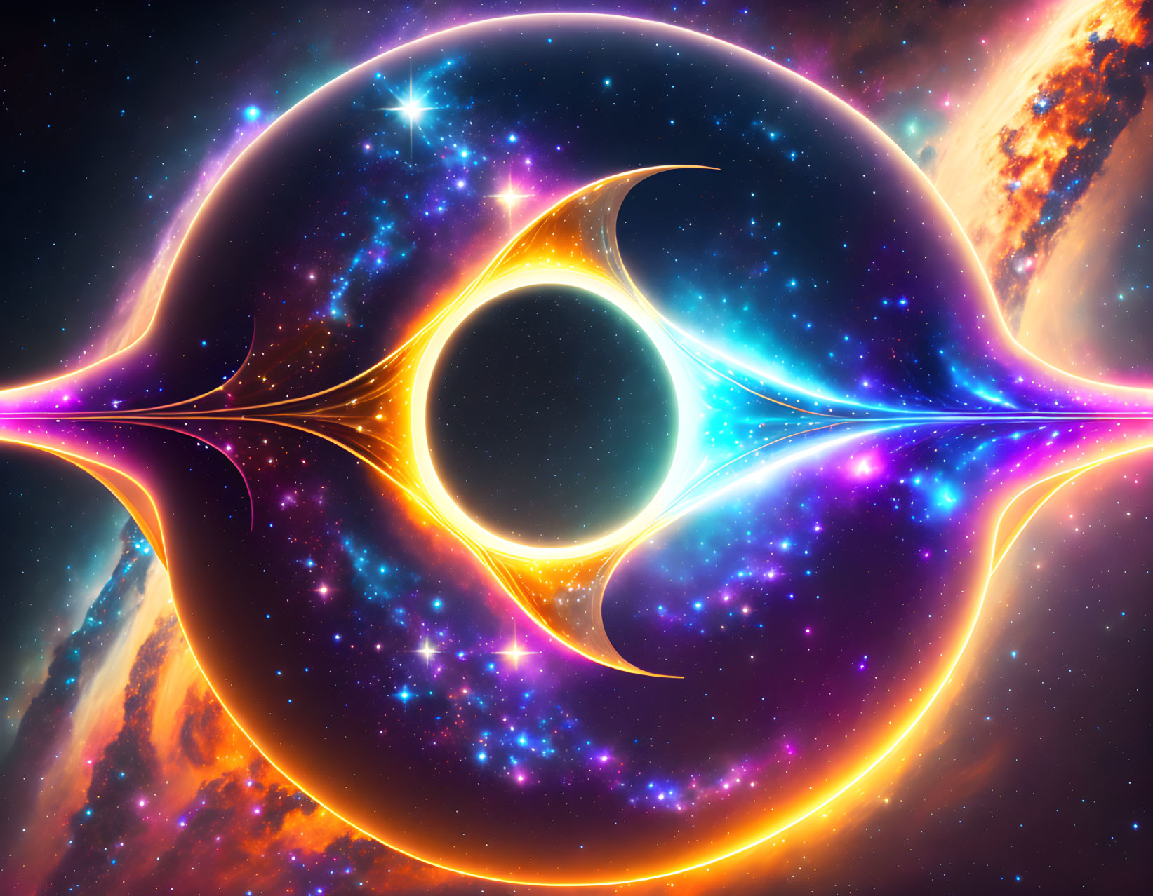 Abstract cosmic digital art: black hole, nebulas, stars in vibrant scene