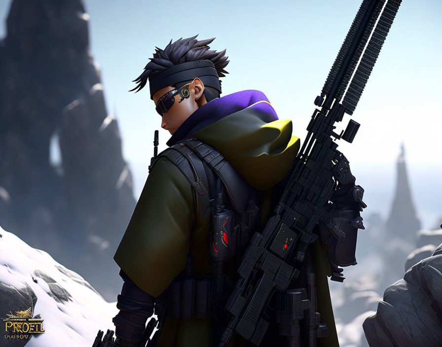 Futuristic soldier in sunglasses with rifles, mountainous backdrop