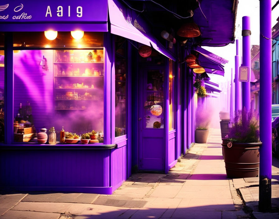 Twilight street scene with vibrant purple café and cozy ambiance.