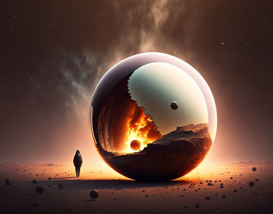 Surreal landscape with giant reflective sphere on alien planet