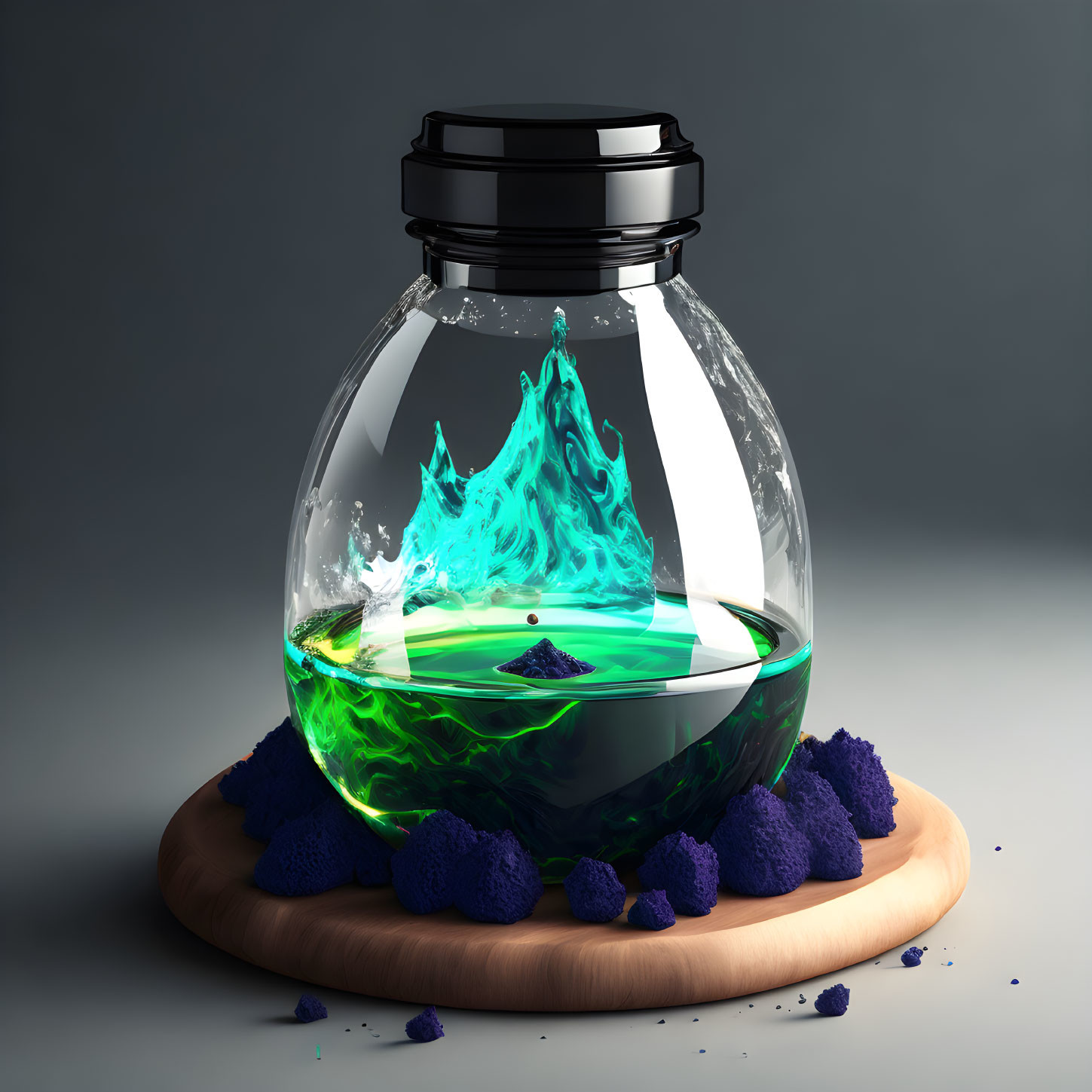 Terrarium-style jar with green liquid, black lid, on wooden stand, blue-purple rocks