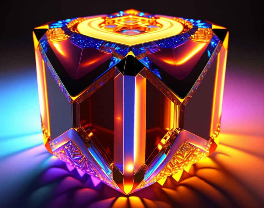 Colorful illuminated crystal with intricate patterns on neon-lit backdrop