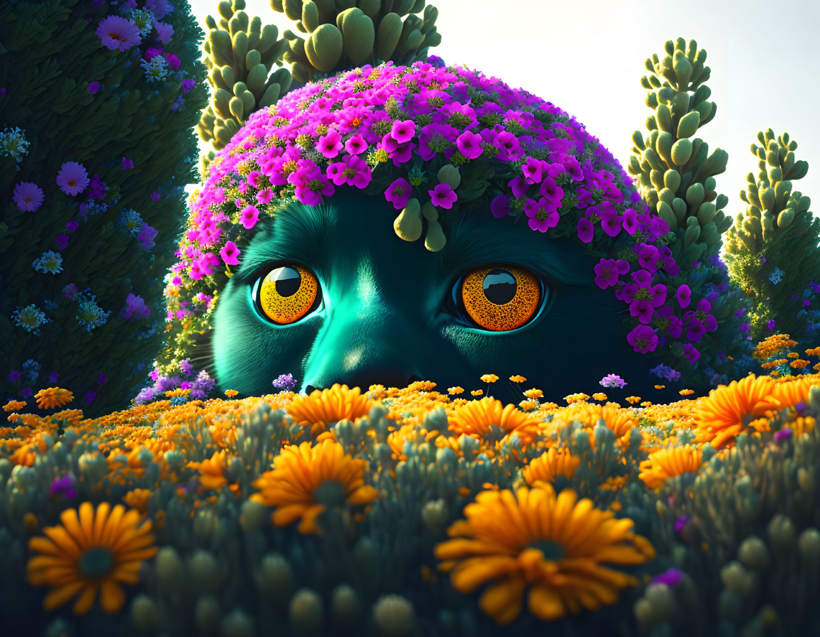 Colorful digital artwork featuring creature with captivating orange eyes in vibrant landscape