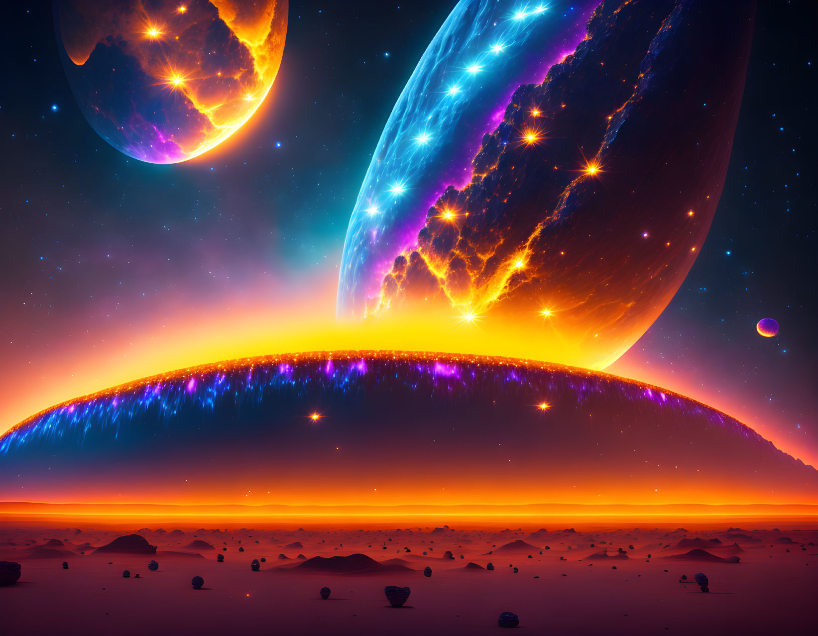 Alien orange-hued sci-fi landscape with celestial bodies and light displays