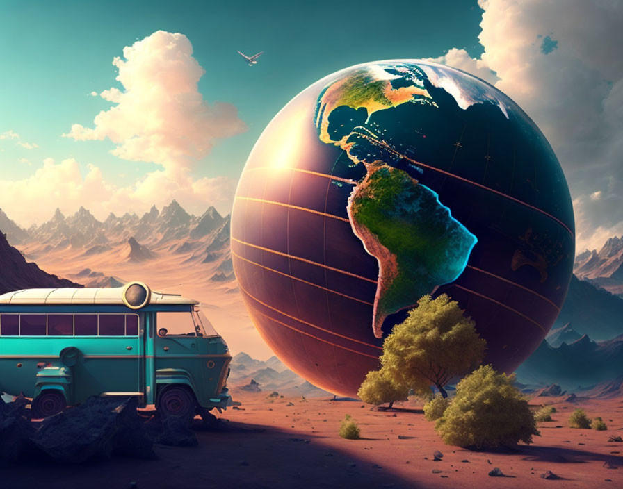 Surreal landscape with giant globe, vintage bus, and sparse vegetation