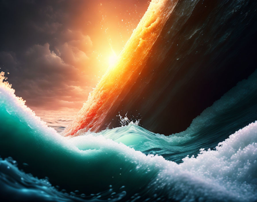 Ocean scene: large wave under fiery sky, half dark, half sunset glow