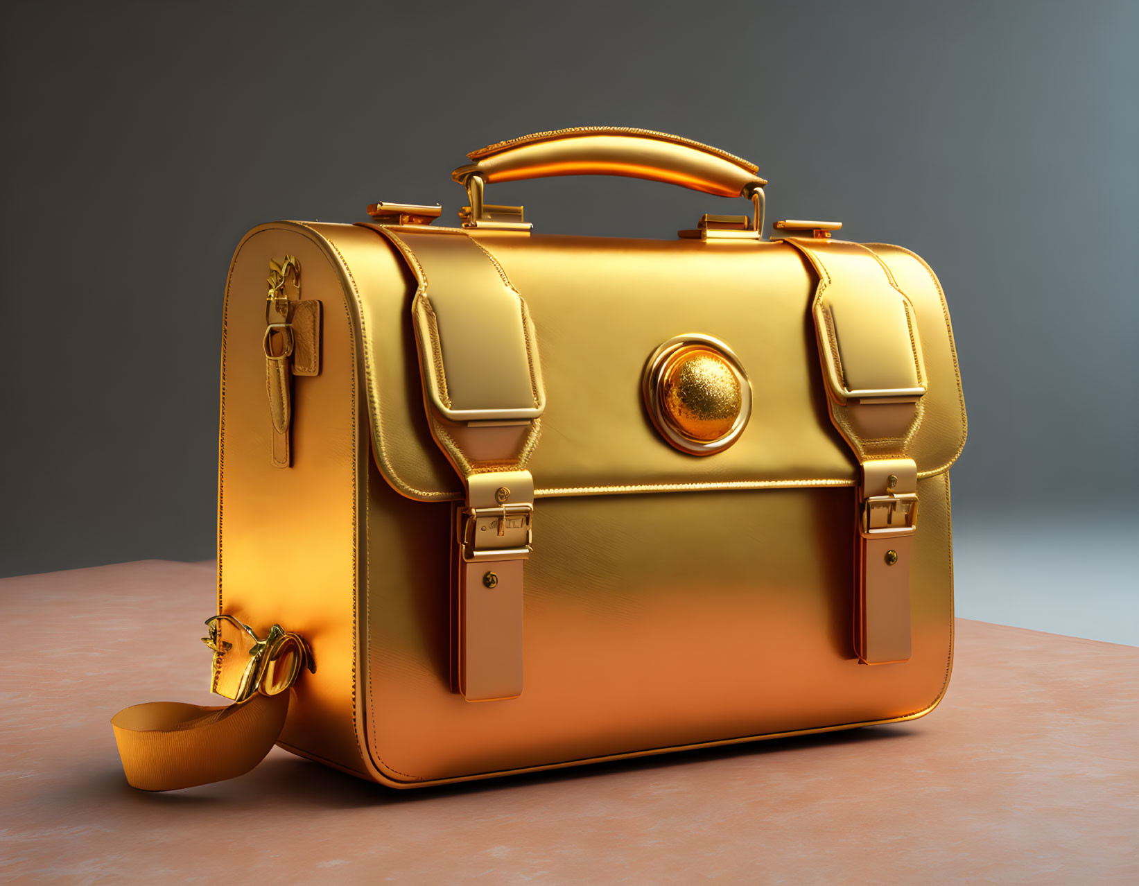 Golden Briefcase with Circular Design and Metallic Clasps on Grey Background