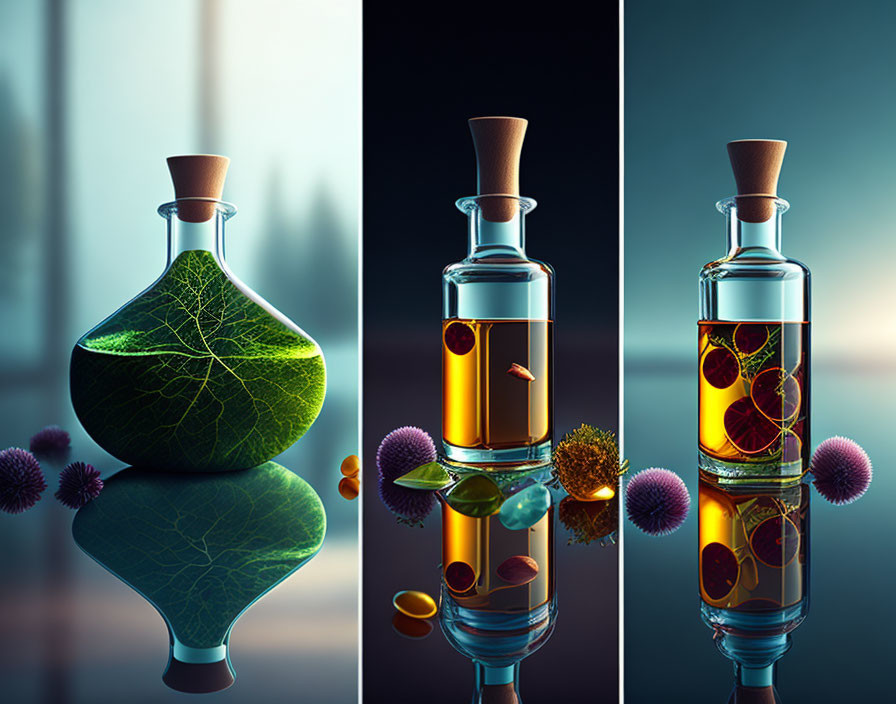 Stylized glass bottles with different ecosystems on cool-toned backdrop