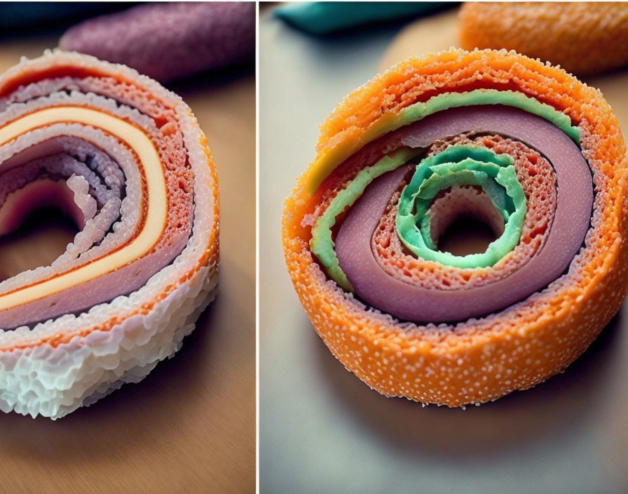 Colorful Spiral Cakes: Purple & White vs. Rainbow Display