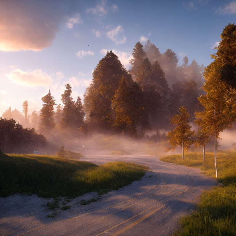 Curved road through misty forest at sunrise