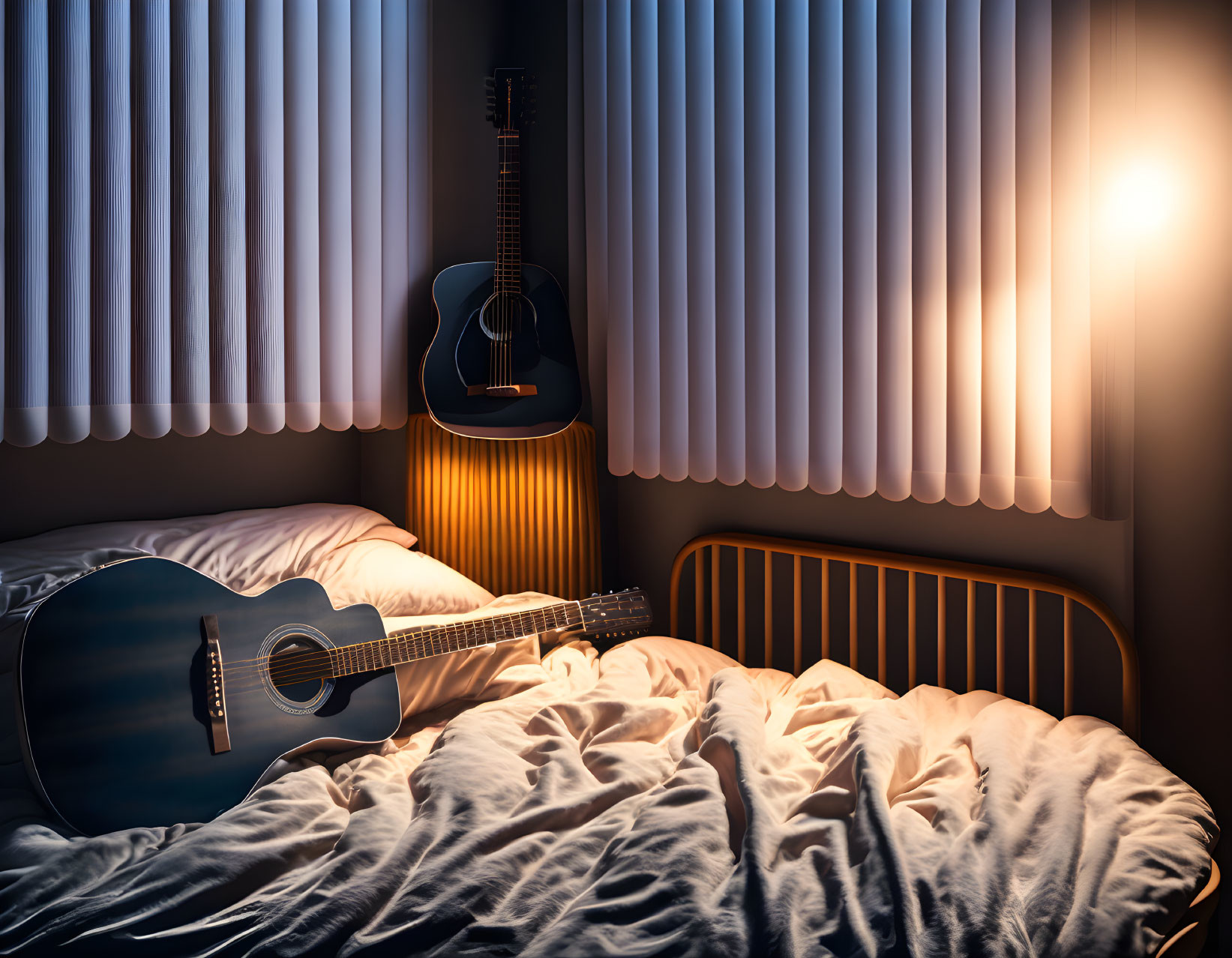 Cozy bedroom scene with acoustic guitar and warm light