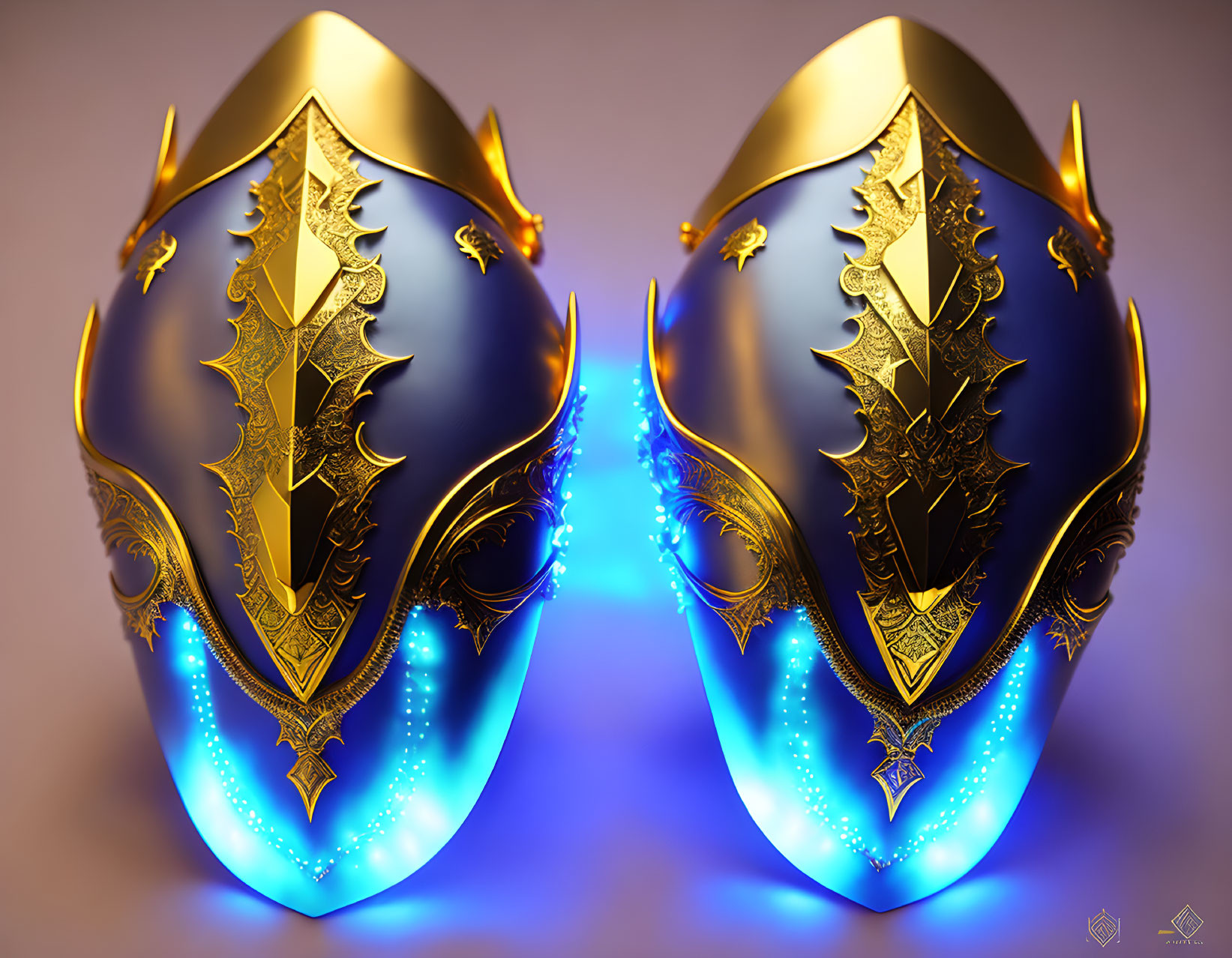 Ornate symmetrical masks with black, gold, and blue details on purple background