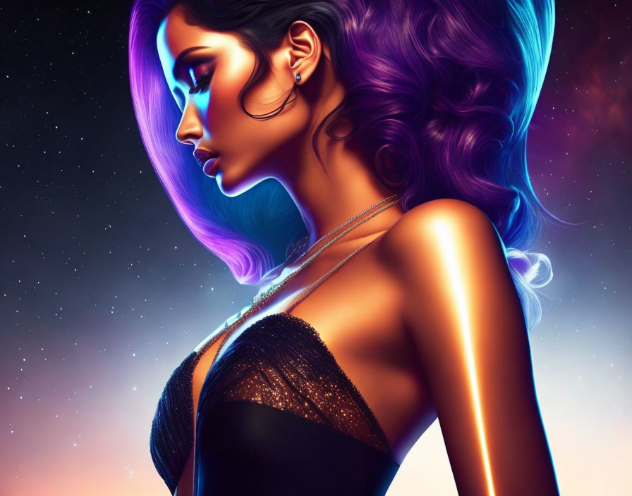 Vibrant Purple-Haired Woman in Starry Scene