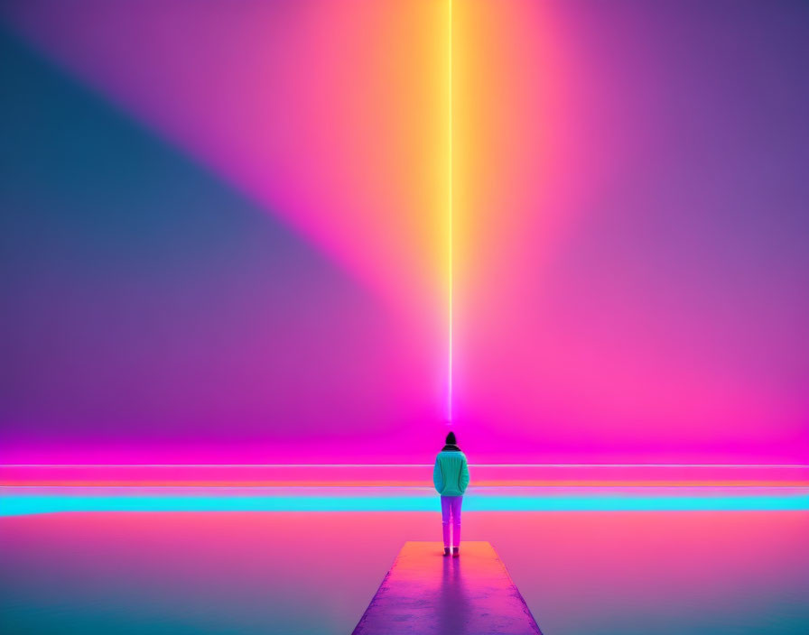 Person gazes at bright vertical light on misty pier.