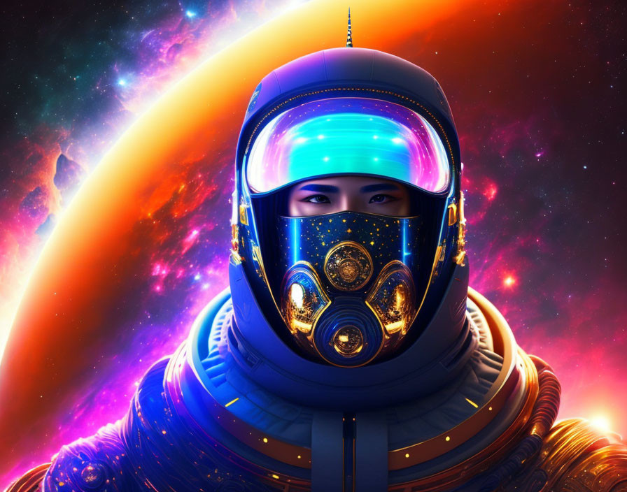 Detailed Futuristic Space Helmet Against Cosmic Background