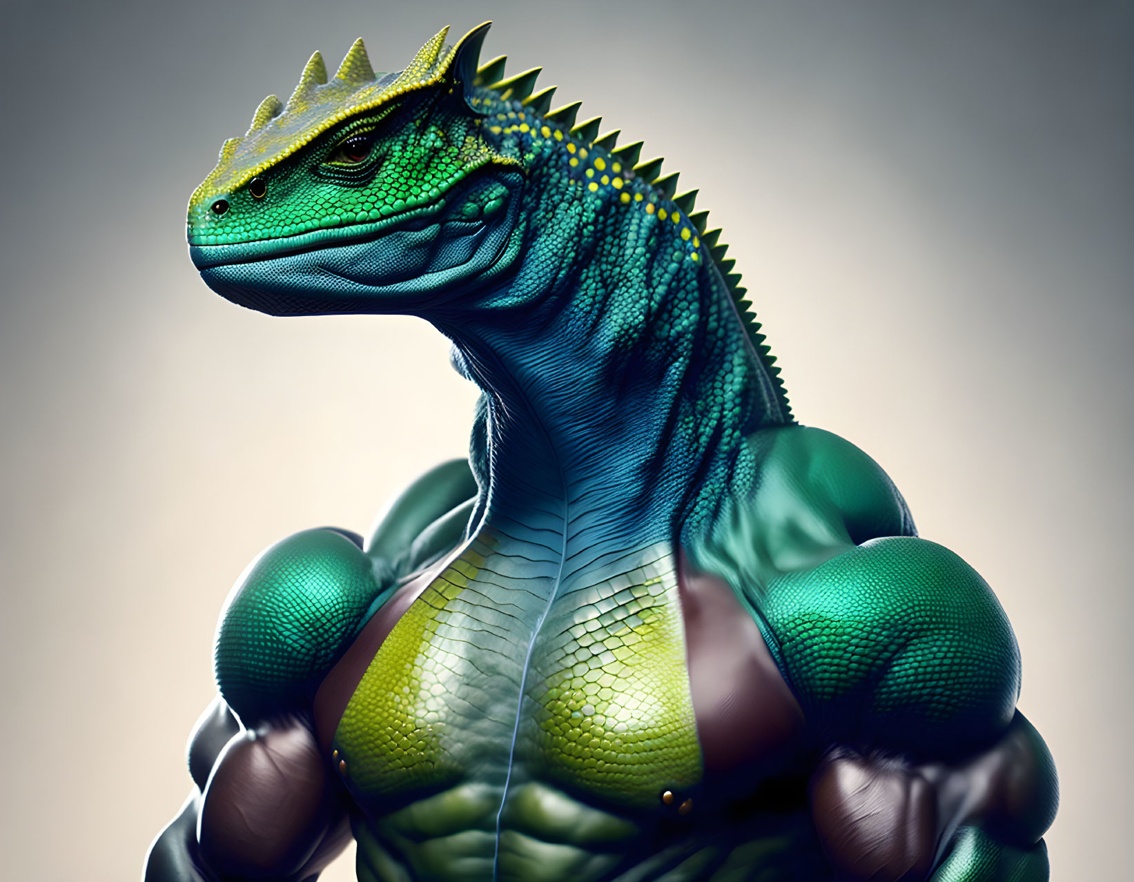 Muscular reptilian creature with dragon-like head and vibrant green scales